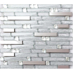 Silver Metal Backsplash Tile Glass & Stainless Steel Linear Mosaic Wall Tiles