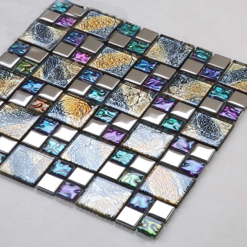 Iridescent Mosaic Tile Plated Crystal Glass Backsplash Kitchen Designs