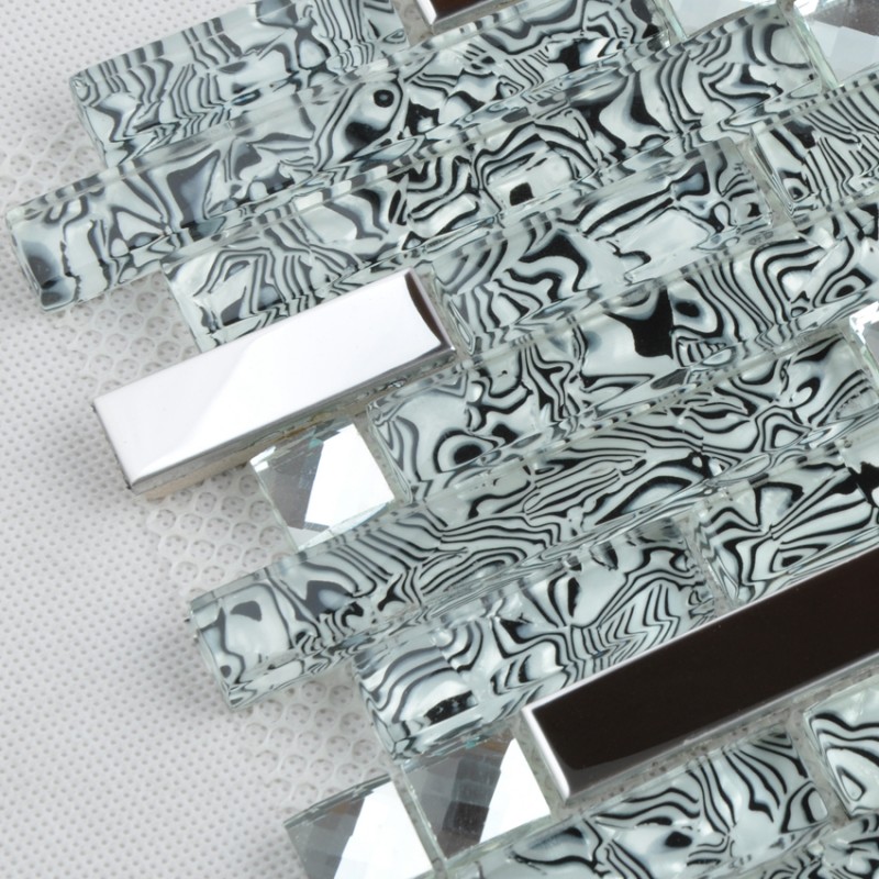 Glass and Stainless Steel Tile Silver Metal Backsplash Rhinestone