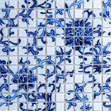 Crystal Glass Tile Blue & White Puzzle Mosaic Tile Crackle