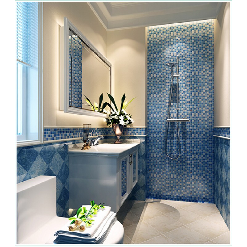 blue crystal glass tile crackle wall tile backsplshes bathroom resin with natural shell tiles KLGT18