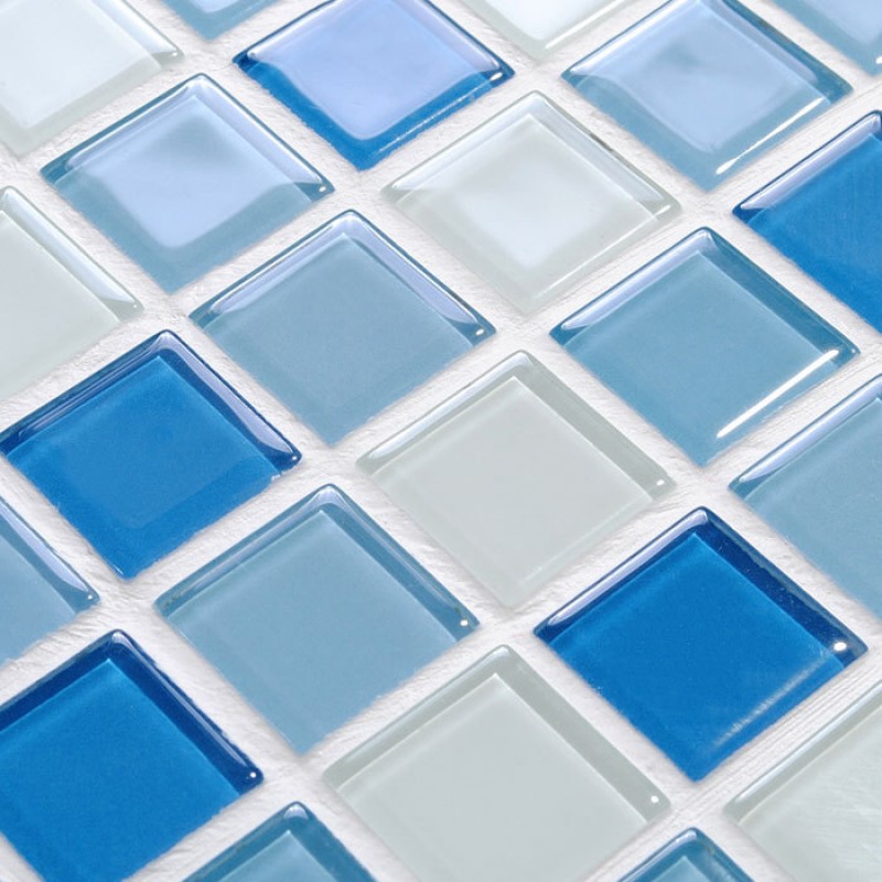 White Kitchen Cabinets With Blue Glass Tile Backsplash