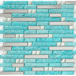 Glass Metal Backsplash Tile Aqua & Silver Linear Mosaic Wall Tiles