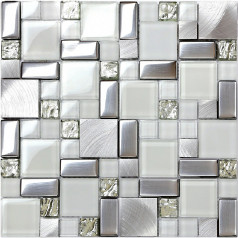 White Glass Mosaic Kitchen Tiles Wall Brushed Silver Aluminum Chrome Metallic Backsplash
