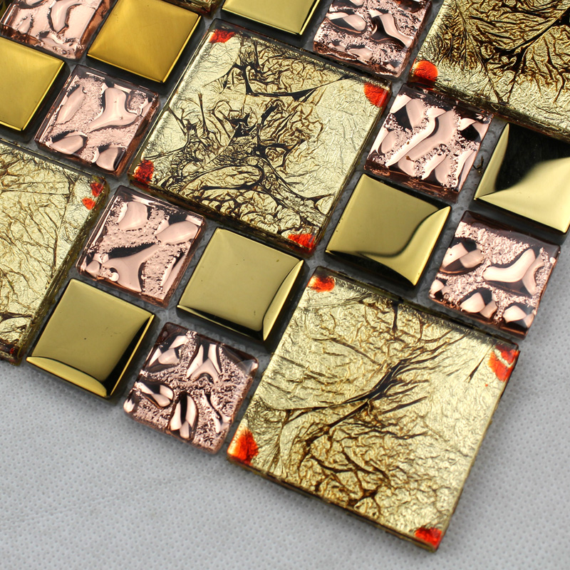 Gold glass tile Pink glass mosaic tiles crystal glass tile kitchen