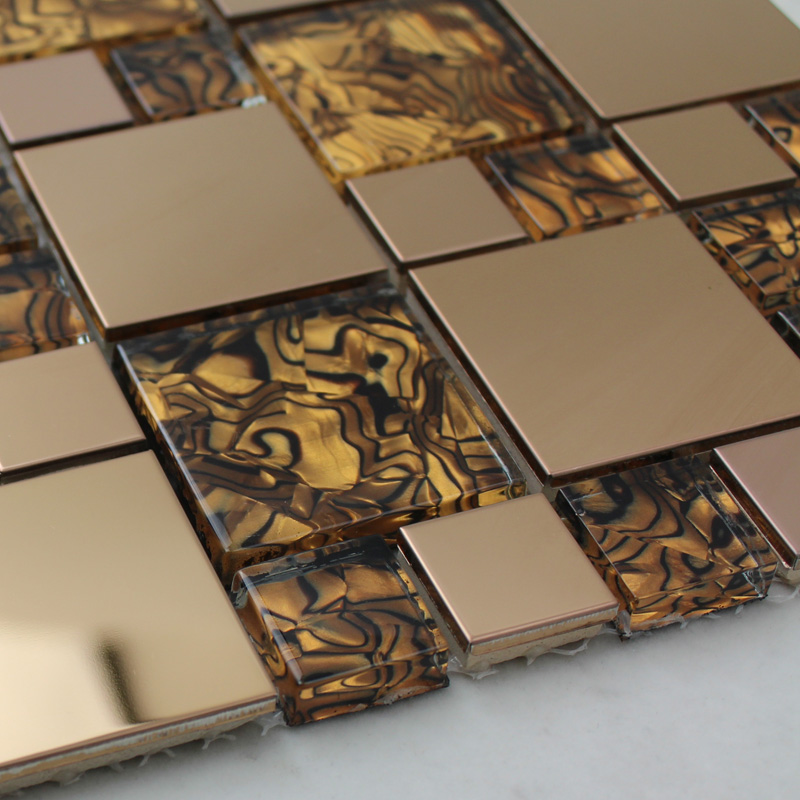 Gold Glass Mosaic Tile Backsplash Stainless Steel Metal & Crystal Tile