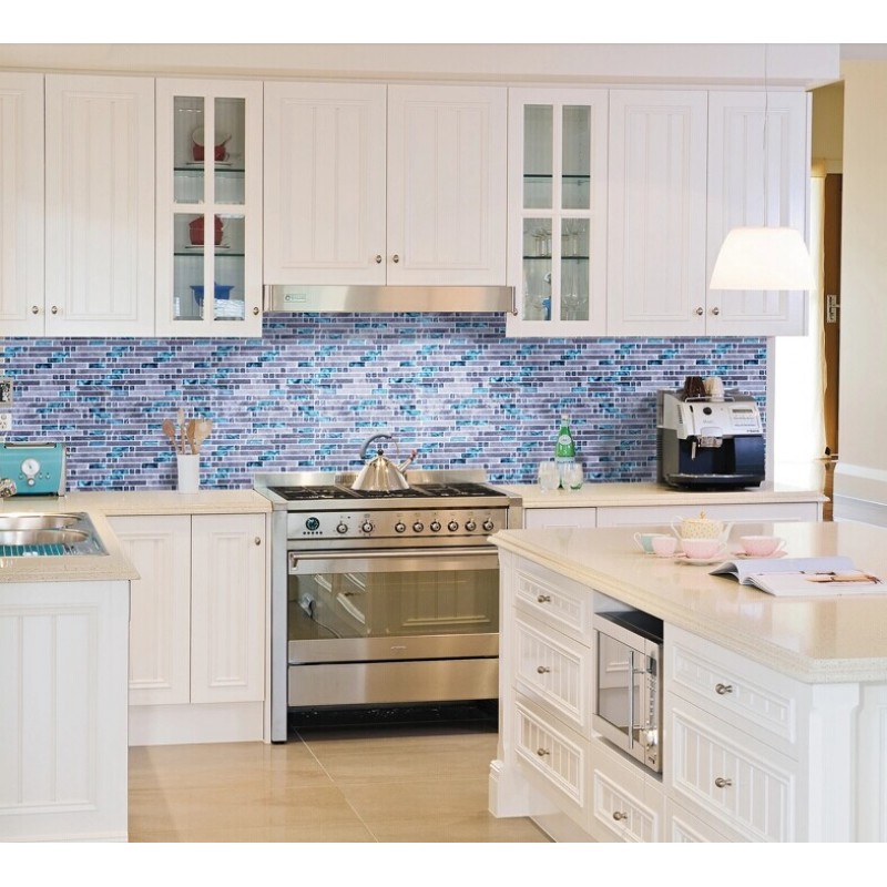 Grey Marble Stone Blue Glass Mosaic Tiles Backsplash Kitchen Wall Tile