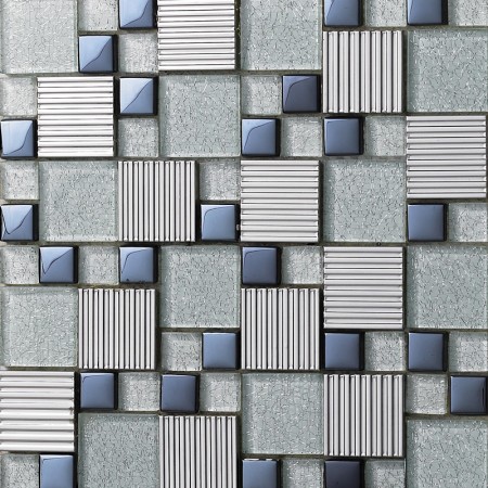 Metal Backsplash Tiles Silver Stainless Steel Sheets and Crystal Glass Blend Mosaic Wall Decor 633