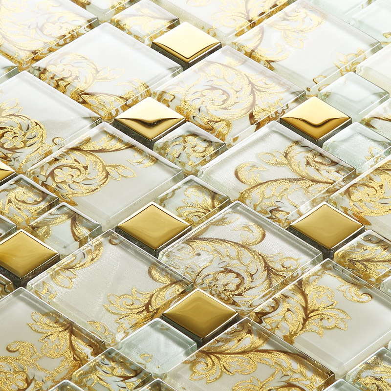 white with gold crystal glass mosaic tile 304 stainless steel tile art