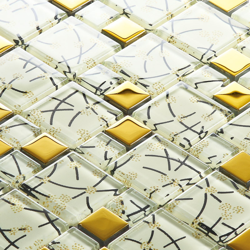 White Crystal Glass Mosaic Tile Hand Painted Gold Metal Coating Wall