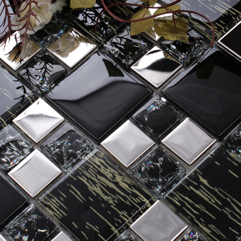 silver 304 stainless steel metal crystal glass tiles sheet