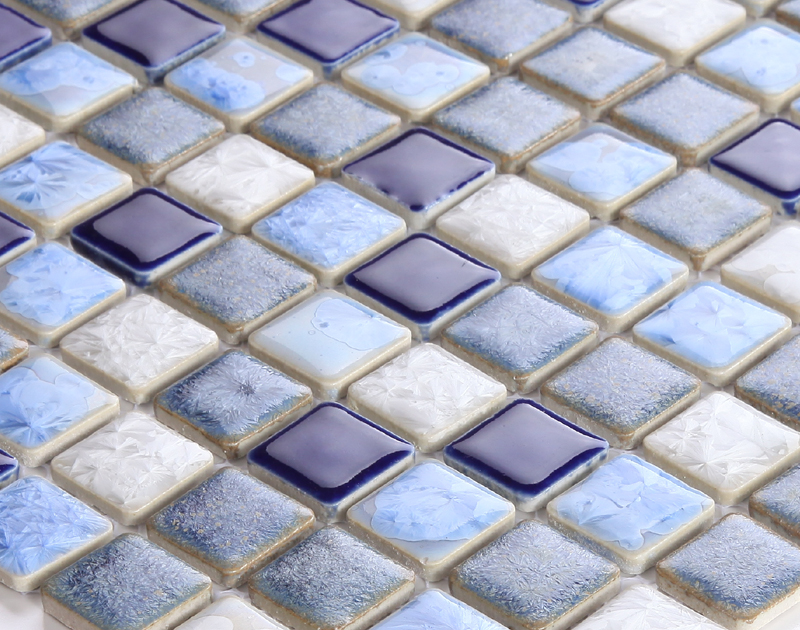 blue and whtie porcelain mosaic tile kitchen backsplash 