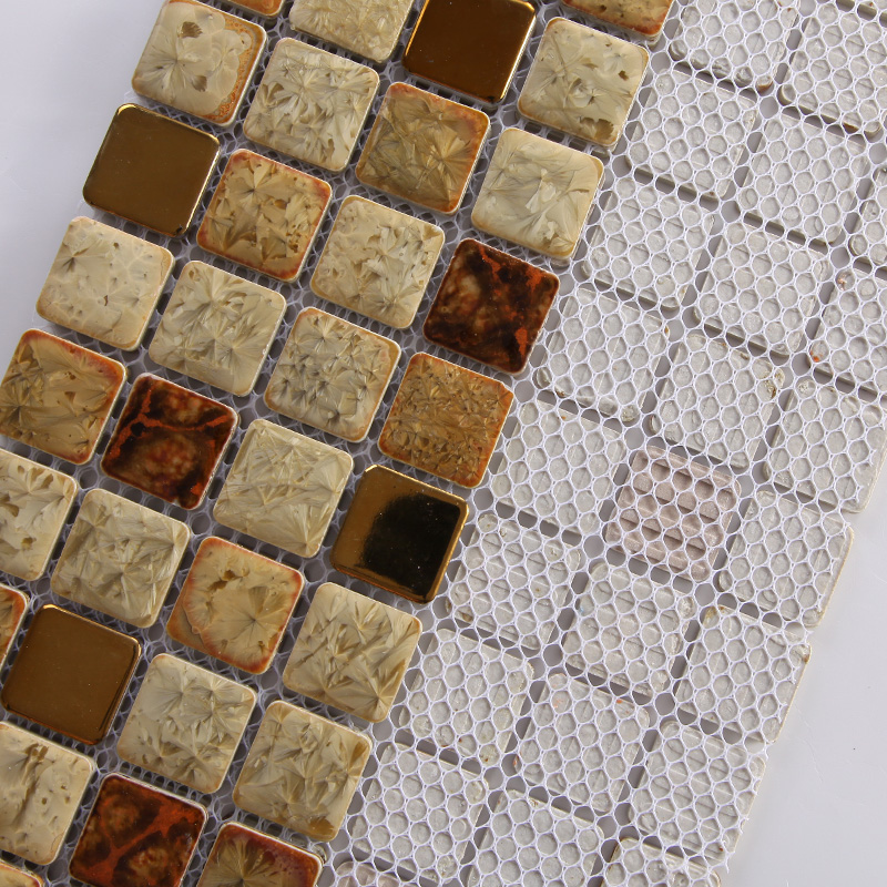 Glazed Porcelain Square Mosaic Tiles Designs Gold Plated Ceramic Wall