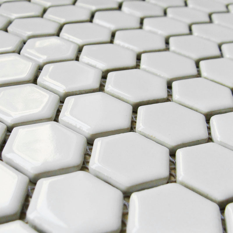 Hexagon Porcelain Floor Tiles White Shiny Mosaic Glazed Bathroom Tile