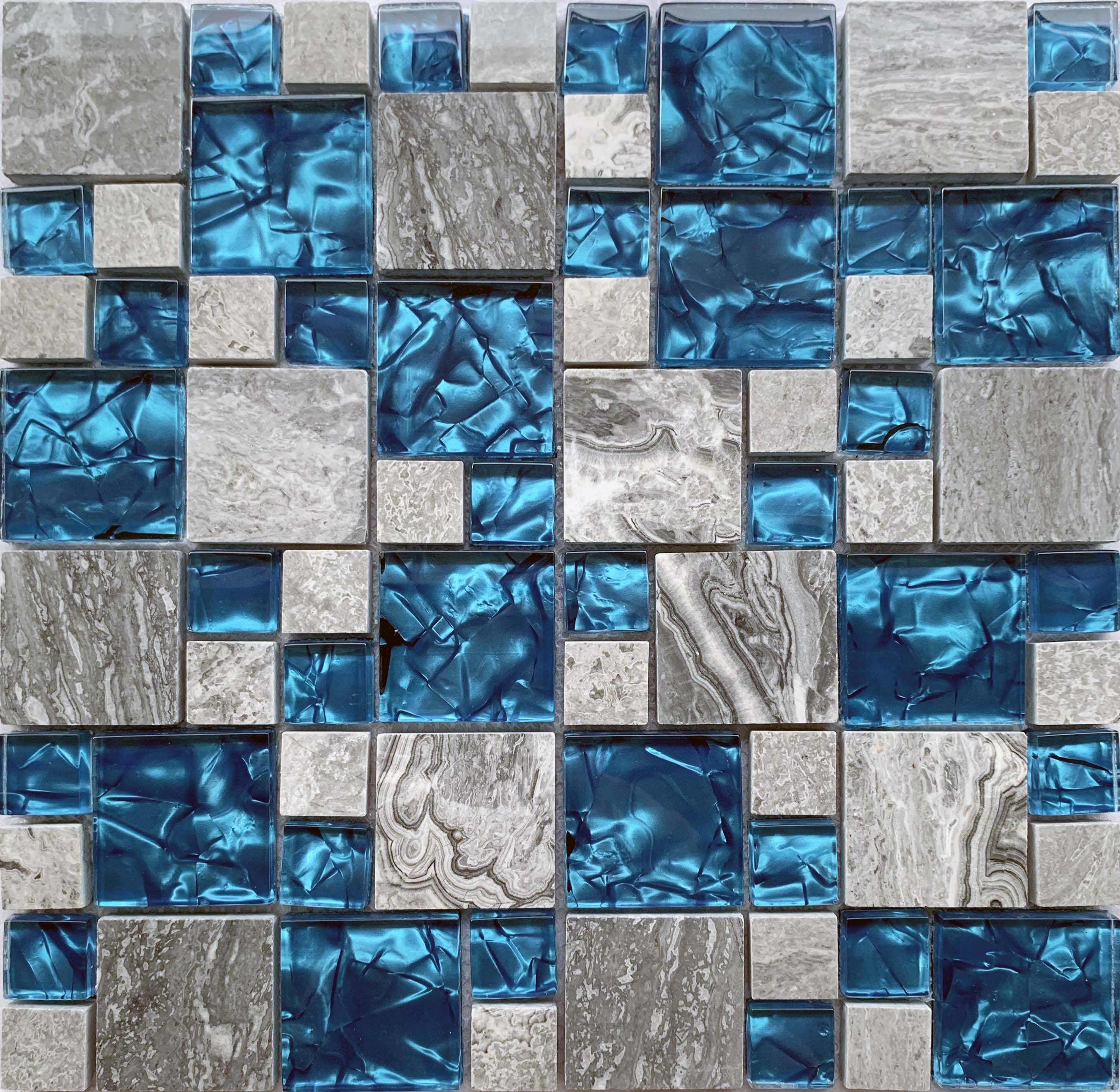 Mixed Marble Glass Mosaic Wall Tiles, Teal Backsplash Tile