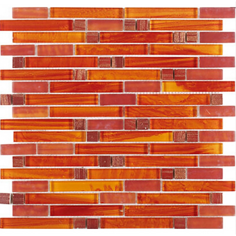Crystal Glass Red Orange Mosaic Interlocking Tile Backsplash Wall
