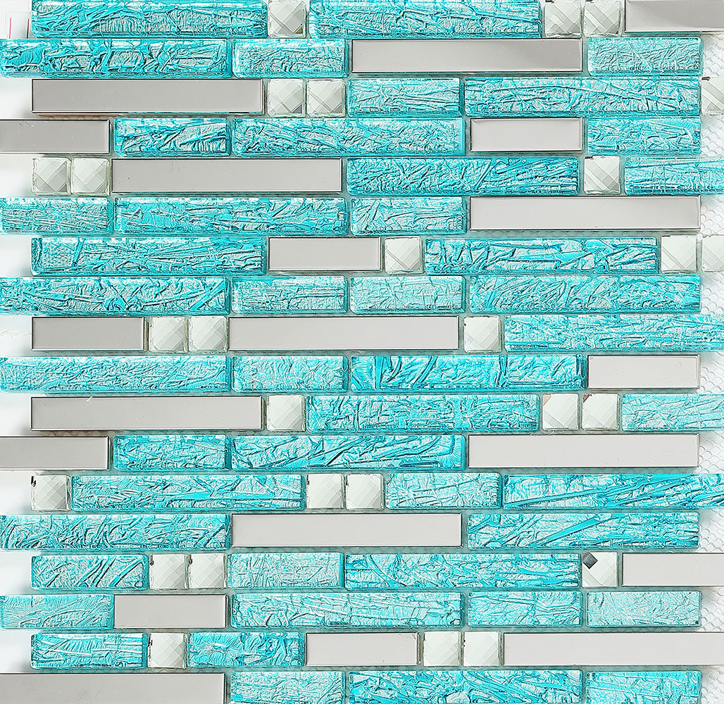 Blue Glass Tile Silver Stainless Steel Crystal Backsplash Mosaic