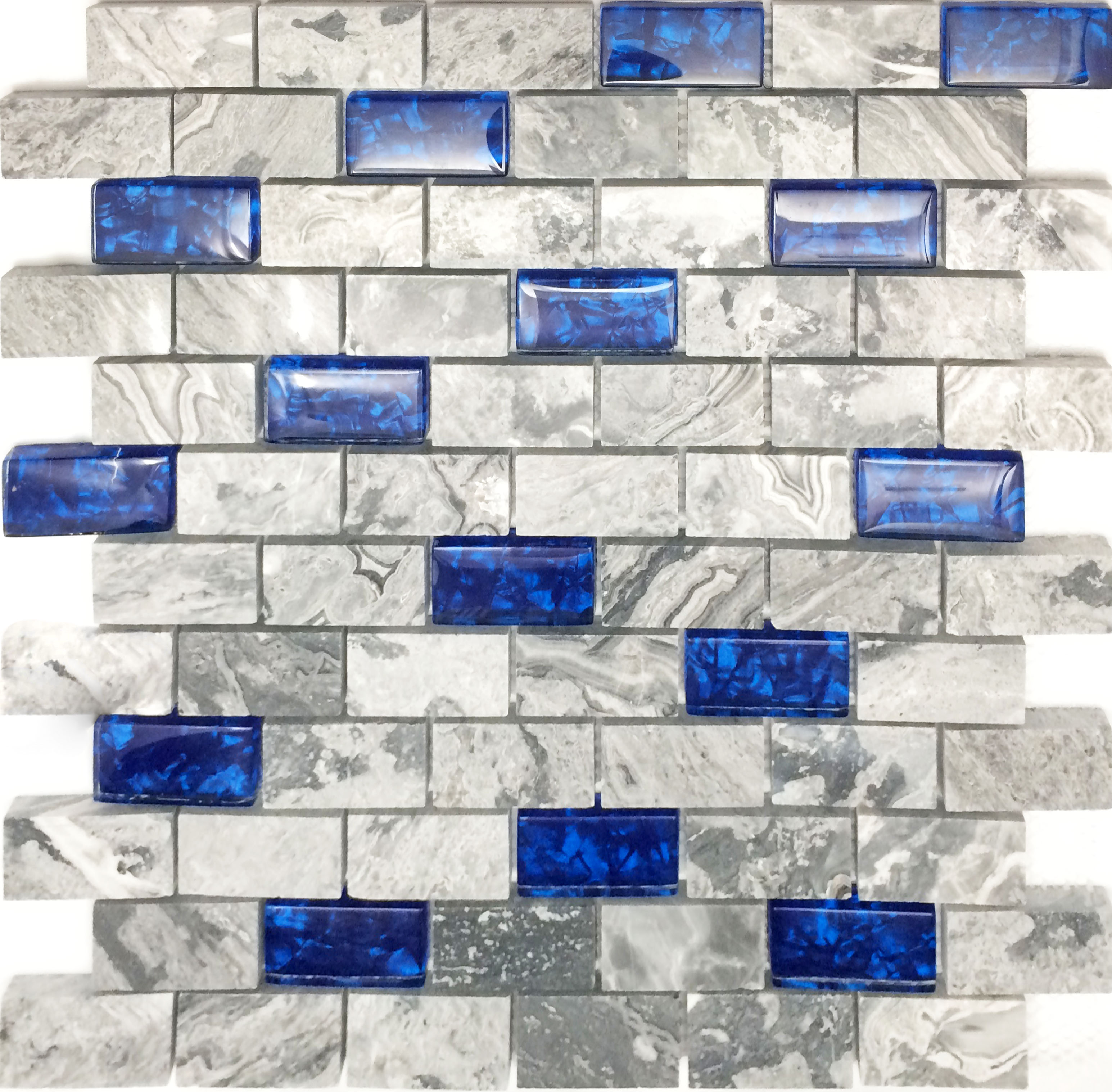 Navy Blue Glass Mosaic Grey Marble 1 X 2 Subway Wall Tiles