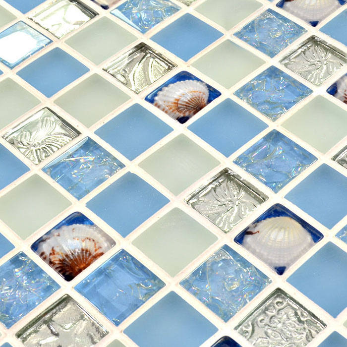 blue glass mosaic tile kitchen backsplash - hm0001