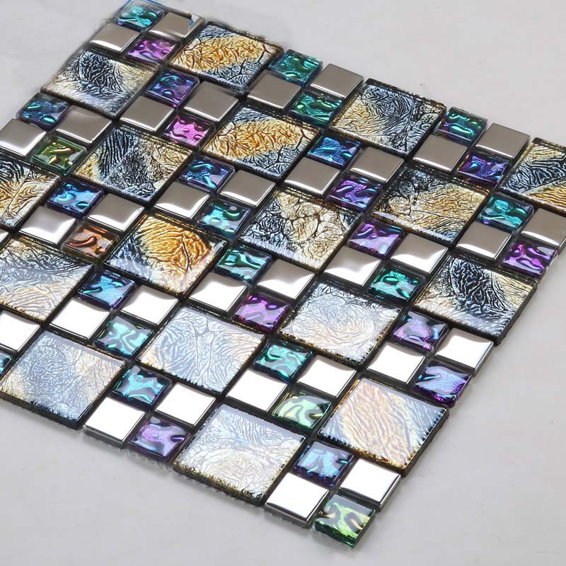 Iridescent Mosaic Tile Plated Crystal Glass Backsplash ...