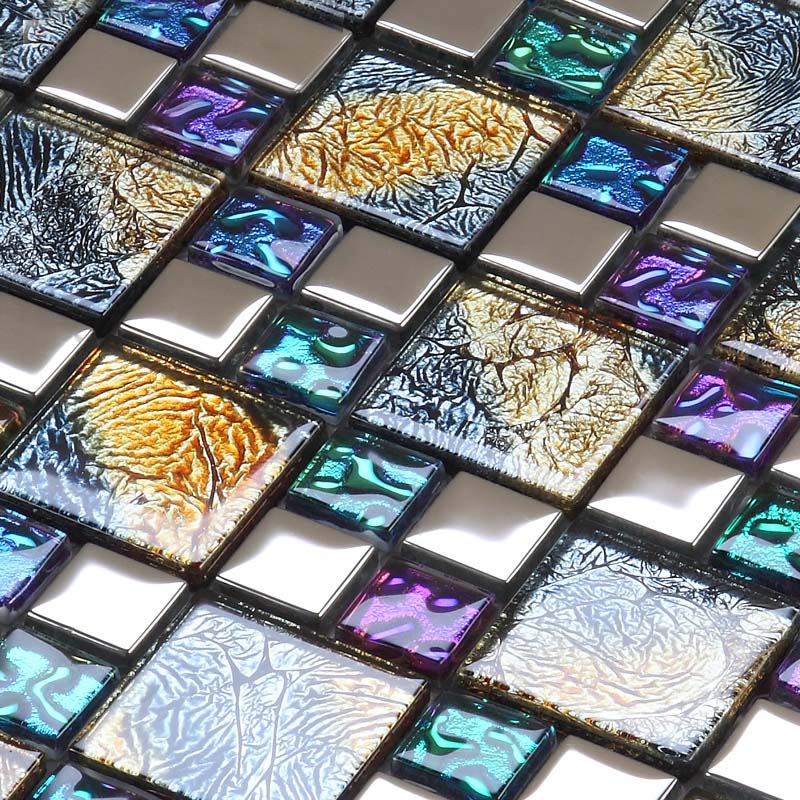 Iridescent Mosaic Tile Plated Crystal Glass Backsplash Kitchen Designs