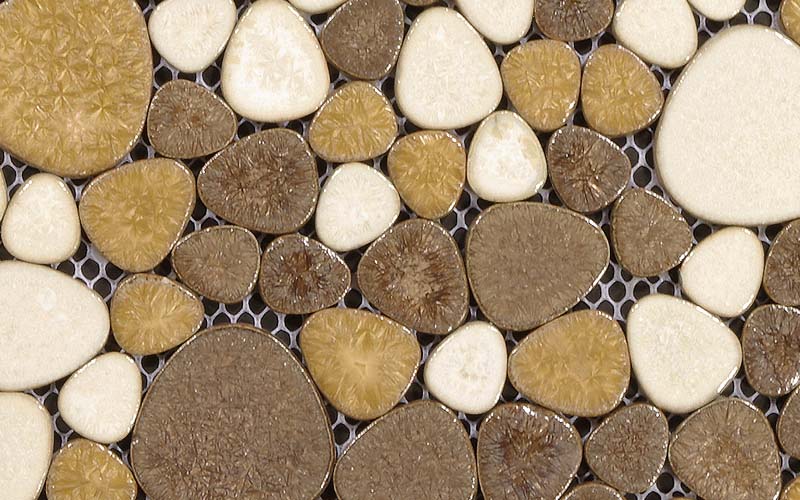 front side of porcelain pebble tile fireplace wall borders - pt008