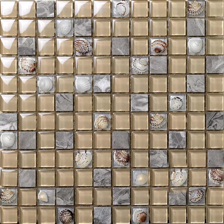 Gray Stone Mosaic Buff Glass Glossy Tile Backsplash Resin Shell Tiles