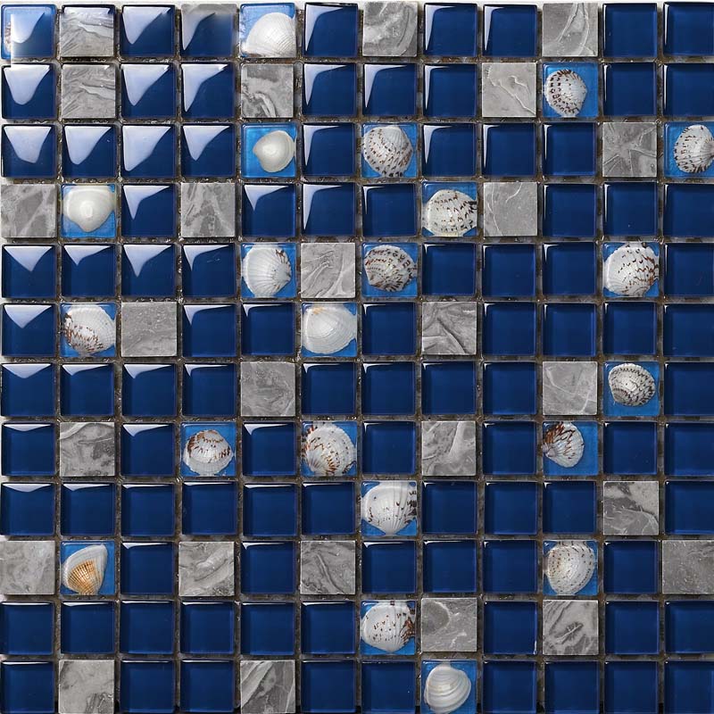 front side of the stone glass blend shell mosaic blue tile - 616