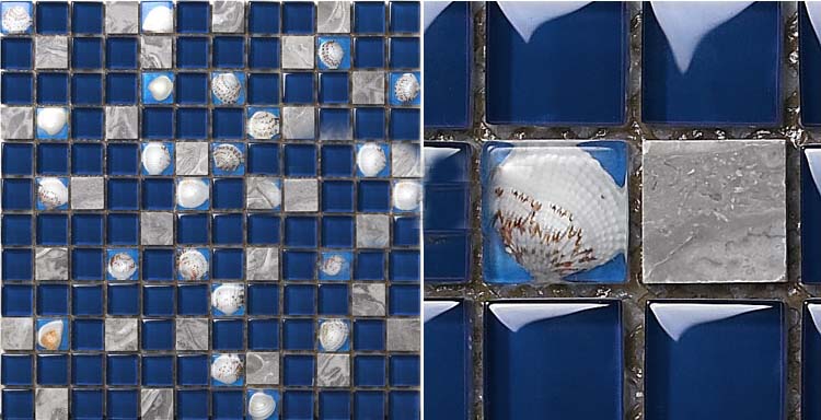 front side of-the stone glass blend shell mosaic natural marble blue tile - 616