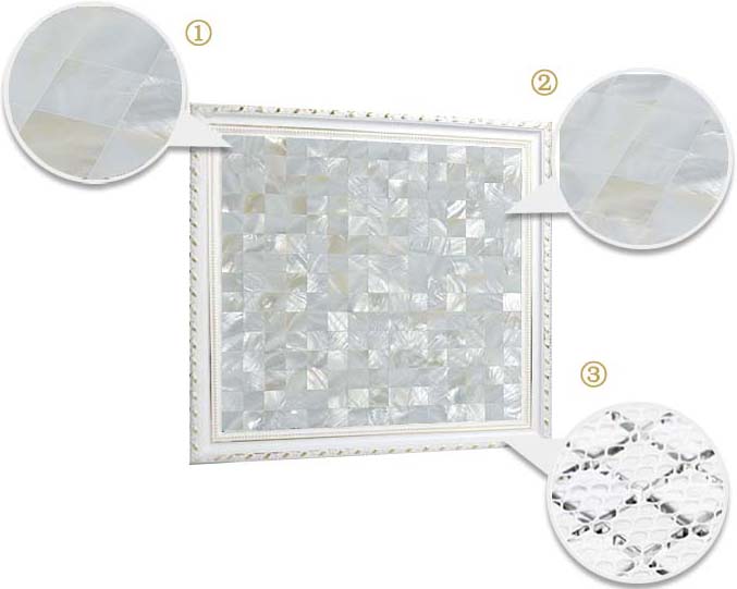 illustrations of features of mother of pearl tile bathroom mirror wall - st058