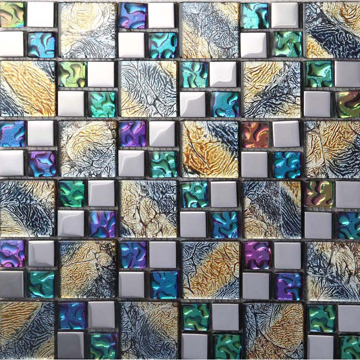 Iridescent Mosaic Tile Plated Crystal Glass Backsplash Kitchen Designs