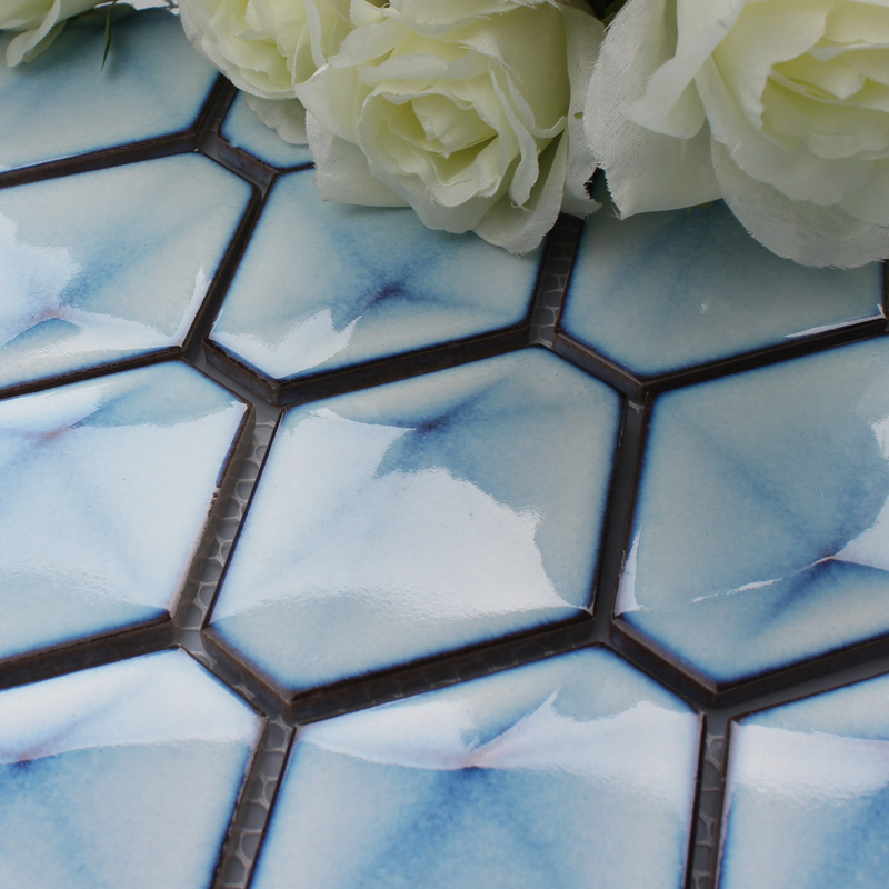 Blue Porcelain Tile Hexagon Glazed Mosaic Kitchen and Bathroom Walls