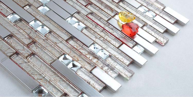 silver 304 stainless steel metal crystal glass moasic tiles diamond sheet - t004