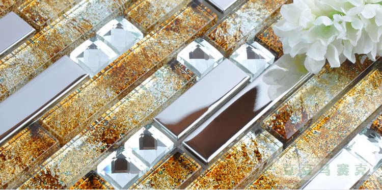silver 304 stainless steel metal crystal glass moasic tiles diamond sheet - t005
