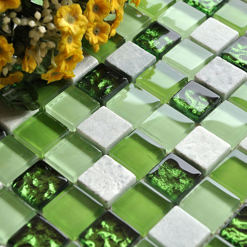 Stone and Glass Mosaic Tiles Square Green Bathroom Glass Wall Marble