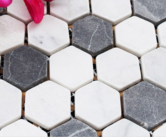 Hexagon Stone Mosaic Tiles Pattern Washroom Wall Black and ...